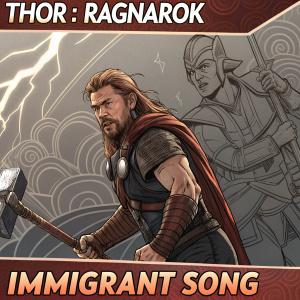 A vibrant comic panel, blending 'Thor: Ragnarok' and 'Immigrant Song' themes. Dark grayscale with brown highlights. Detailed sketches, dynamic poses, bold text overlay.