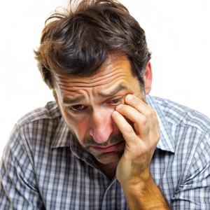  desperate crying man being in depression after quarrel with wife or girlfriend looks stressfully
 on white background