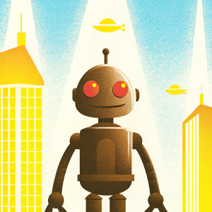Clank, the iconic robot from Ratchet & Clank, standing in a futuristic cityscape. Bright neon lights in the background.