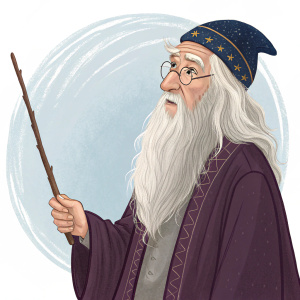 Illustration of Albus Dumbledore, wizard with long white beard, wearing wizard robes and holding a wand.