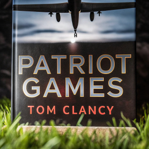 Book cover for 'Patriot Games' by Tom Clancy. Features a dramatic military aircraft against a dark sky. Title and author in large, stylized font. Colors are gold, red, and navy.