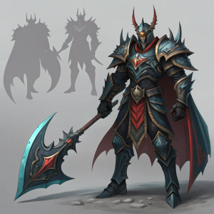 Concept art for Dragon Knight Mordekaiser from League of Legends. Shows Mordekaiser in multiple dynamic poses. Detailed design includes intricate armor and weapons. Dark, eerie color palette with hints of red and blue against a neutral gray background.