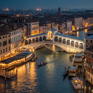 Stunning aerial view of Rialto Bridge and Grand Canal in Venice at night. Buildings and bridge illuminated brightly. Various levels and architectural details visible