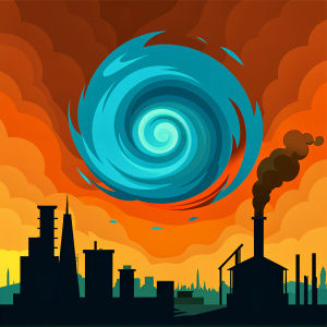 Cartoon style image of a hurricane in an industrial city