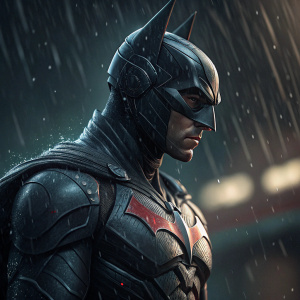 Close-up digital artwork of Batman Beyond. Rain effect. Dark, blurred background.