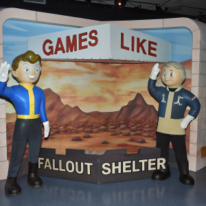 A digital illustration showcasing Fallout Shelter characters in a vibrant, cartoon-style scene. The backdrop is a desert landscape with rugged terrain and rocky formations. A warm, sunlit sky above. Characters are styled with simple, cartoonish features, positioned to highlight the game's theme. The phrase 'Games Like Fallout Shelter' is prominently displayed.