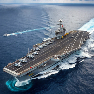 Aerial view of the USS Nimitz, an enormous aircraft carrier. It is surrounded by waves in the ocean, leaving a visible trail behind it. The carrier's deck is filled with various aircraft and maintenance equipment.