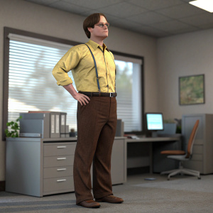 A lifelike 3D model of Dwight Schrute. Brown pants and yellow shirt. Standing in front of a digital office scene