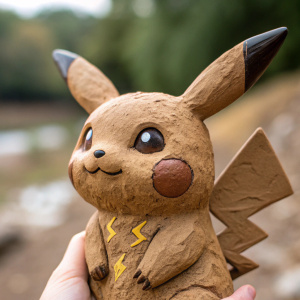 A close-up shot of a hand holding a detailed Pikachu clay sculpture. The background is blurred, focusing solely on the intricate brown clay texture that mimics the Pokémon's rough skin.