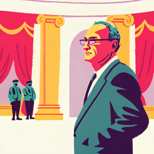 Chuck Schumer, Senate Minority Leader, serious expression. Dark suit, glasses. Standing in ornately detailed chamber of U.S. Capitol. Police officers and a single person in background.