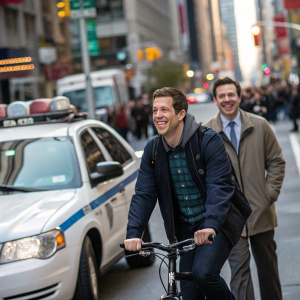 Andy Samberg and Joe Lo Truglio on a bustling New York street. Andy on a bicycle, Joe standing behind with a smile. White police car parked nearby. Scene from 'Brooklyn Nine-Nine'
