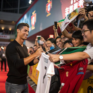 Cristiano Ronaldo in a casual meet-and-greet event, surrounded by autograph-seeking fans.