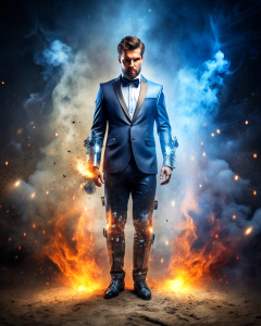 effect, photoshop action, realistic robot man with human body in tuxedo, blue red fire, sparks, dust, explosion, smoke, sand, shadows, glow, glare, light, slim, in style: serious, business, wise, quality xd, 