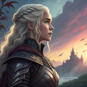 Digital illustration of Daenerys Targaryen. Her face and upper body in focus. Detailed dragon scale armor and flowing hair. Bright and colorful fantasy setting with castle in the background.