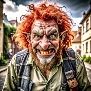 Drunk scary red-haired troll man goes to work
