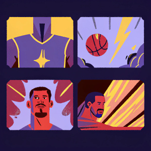 Digital graphic design portfolio featuring colorful and dynamic esports and sports graphics. Athletes and sport elements highlighted. Vibrant colors and dynamic imagery. Organized in a grid format. Includes banners, t-shirt designs, and promotional graphics. Modern and dynamic style.