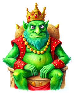 humoristic green troll, illustration, red accessories, king with a crown sitted on a throne with a pile of gold, vintage cartoon effect, white background