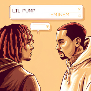 Instagram screenshot featuring Lil Pump discussing Eminem. Chat-like interface with two men, one with red dreadlocks, the other with a serious face and beard.