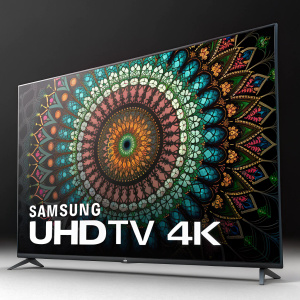 High-resolution digital image showcasing Samsung's UHDTV 4K logo. The logo, vibrant and intricate, dominates a sleek black background. Beneath it, the text 'Samsung UHDTV 4K' in modern font. The design highlights Samsung's technological excellence.