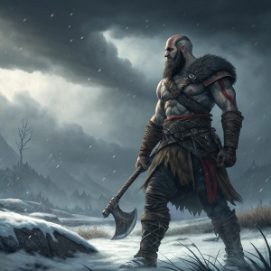 Kratos, the Spartan warrior, in God of War: Ragnarok. Bearded and muscular, standing in a desolate, snowy landscape with dark storm clouds above