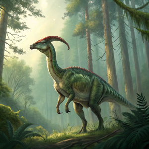A Parasaurolophus dinosaur, with its long neck and large body, standing in a prehistoric forest. The dinosaur's green and brown scales blend perfectly with the surroundings.