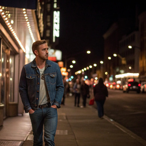 Ryan Gosling in a casual denim jacket and jeans. Walking down a busy city street at night.