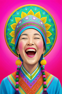 The beauty laughed and sang, showing a perfect left-right symmetrical face shape, looking straight ahead, and the face shape was symmetrical. She wears traditional Zhuang pattern clothing. Clothing patterns include abstract geometric figures, rhombuses, squares, triangles, etc. Waiting, wearing a Zhuang pattern headscarf, white cheeks, dark eyes, neat white teeth, 8K, ultra-high resolution, delicate skin, white background,