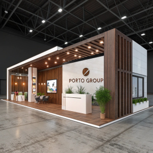 3D render of modern expo booth for Porto Group. Minimalist design with brown wood accents. Contemporary layout, Porto Group logo prominent