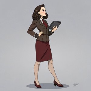 Digital illustration featuring Asami Sato. She is in her iconic outfit, holding a sleek gadget. Gray backdrop