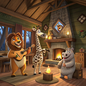 Digital illustration of Madagascar characters, Alex the lion, Marty the zebra, Melman the giraffe, and Gloria the hippo, playing inside a cozy wooden cabin.