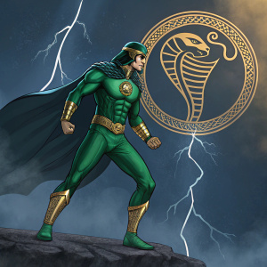 Nagraj, the mythical hero from the pages of Raj Comics, strikes a heroic pose in his iconic green outfit. The illustration features a dramatic, vivid backdrop of dark blue and gold, with intricate details of his snake emblem and dynamic lines that bring his story to life.