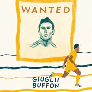 Digital artwork featuring Paulo Dybala in a sepia-toned portrait labeled 'WANTED' alongside a vibrant image of Giuligi Buffon in motion, combined with a mix of classic and contemporary design elements.