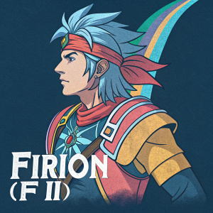 Digital art featuring Firion from Final Fantasy II. Stylized, colorful, and cartoonish design. He is in an assertive pose with mixed colors in his outfit. Dark blue background with 'FIRION (FF II)' text