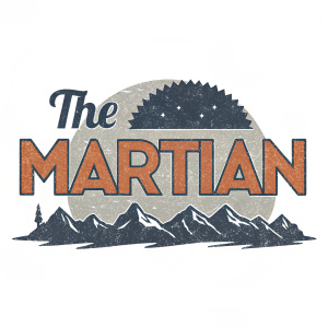 Stylized 'The Martian' logo, in dark gray, occupying center stage. Conveys a sense of ruggedness and strength