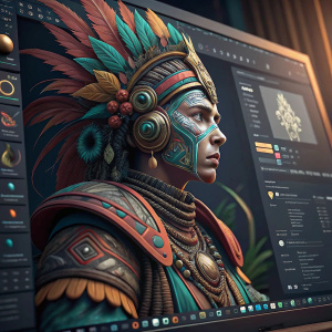 A detailed screenshot showcasing the interface of Autodesk Maya, featuring an intricate character design with vibrant colors and shapes. The screen is filled with various editing tools and menus, alongside detailed panels and the main workspace area.