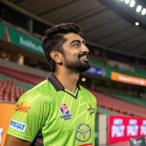 Ish Sodhi, cricket player, at a promotional event. Wearing a vibrant green jersey with sponsors' logos. Indoor arena setting with rows of seats and colorful advertising panels