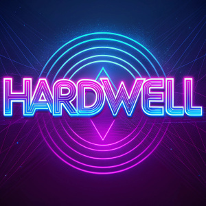 Digital artwork showcasing Hardwell's logo in a dynamic, symmetrical design. Bright, neon colors, including shades of blue and pink, create an energetic, futuristic vibe.