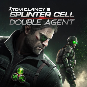Promotional poster for Tom Clancy's Splinter Cell: Double Agent. Dark background with bold game logos and stylized text. Featured on multiple gaming platforms.
