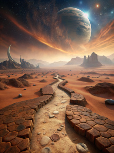 a path on an alien planet. There are large footprints of a lizard on the path. photorealism
