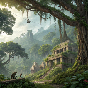 Concept art for Kong: Skull Island featuring a dense jungle with ancient ruins. Vibrant and detailed illustrations