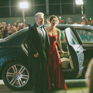 Ron Perlman and Alona Tal, dressed in elegant attire, attending a Berlin Film Festival premiere. Crowds and flashing cameras in the background.
