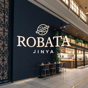 The sleek and modern logo for Robata Jinya, a trendy restaurant in downtown Los Angeles, prominently displayed.
