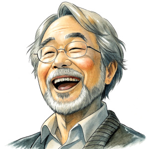 Hayao Miyazaki laughs, no background