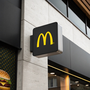 Modern rebranding of McDonald's logo. Bold yellow 'M' on sleek black background, surrounded by white space.