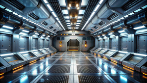 futuristic design spaceship interior with metal floor and light panels