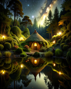 night time, deep in the forest, a mystical hobbit hut, reflecting pond, little animals running around