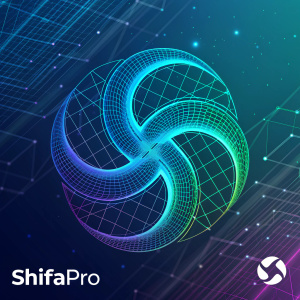 Futuristic digital artwork featuring the ShifaPro logo. Logo is a complex grid design with swirling blue and green lines creating an abstract, modern aesthetic.