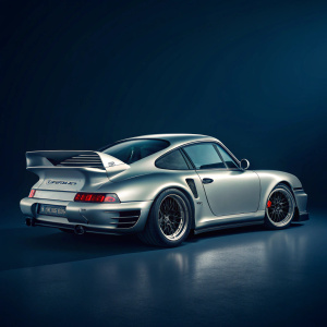 3D render of a sleek silver Porsche 911 Turbo. Dark blue background. Highlighting distinctive features like the aerodynamic body, rear wing, and custom wheels.