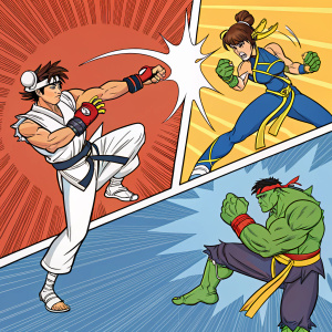 A vibrant comic strip featuring Ryu, Chun-Li, and Blanka from Street Fighter II, each character showcased in dynamic action poses across separate panels.