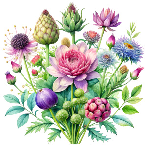 watercolor image , artichokes  ,pink centaurea ,nigella ,mentha ,, hydrangea , wild lupine ,compass plant ,dogwoodevening primrose ,nodding onion , cosmos,scilla,hosta ,achillea,carly dock ,bee balm , physalis , watercolor,  background